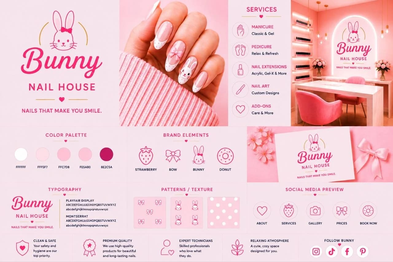 BUNNY Nail House brand concept board - logo, colour palette and applied brand materials