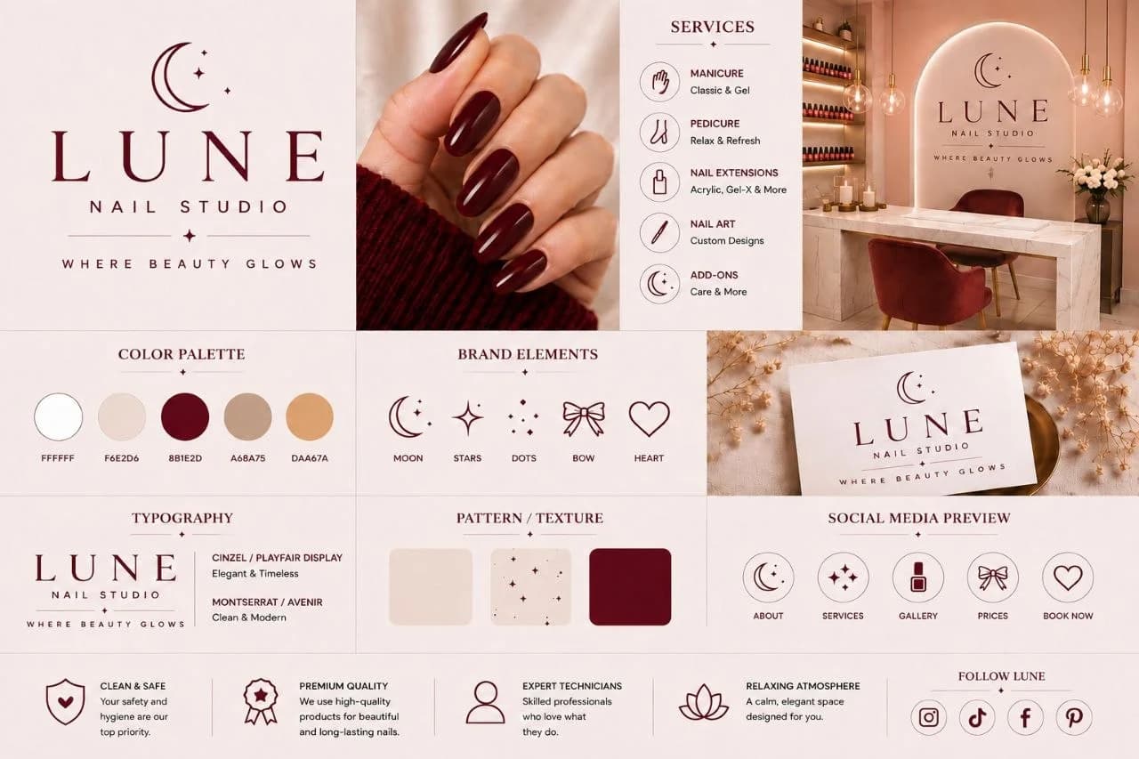LUNE Nail Studio brand concept board - logo, colour palette and applied brand materials