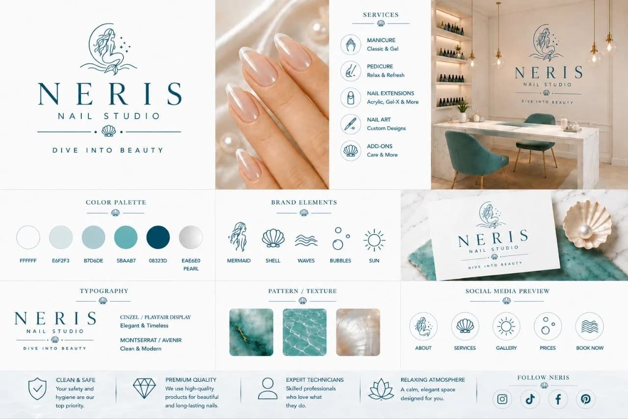 NERIS Nail Studio brand concept board - logo, colour palette and applied brand materials