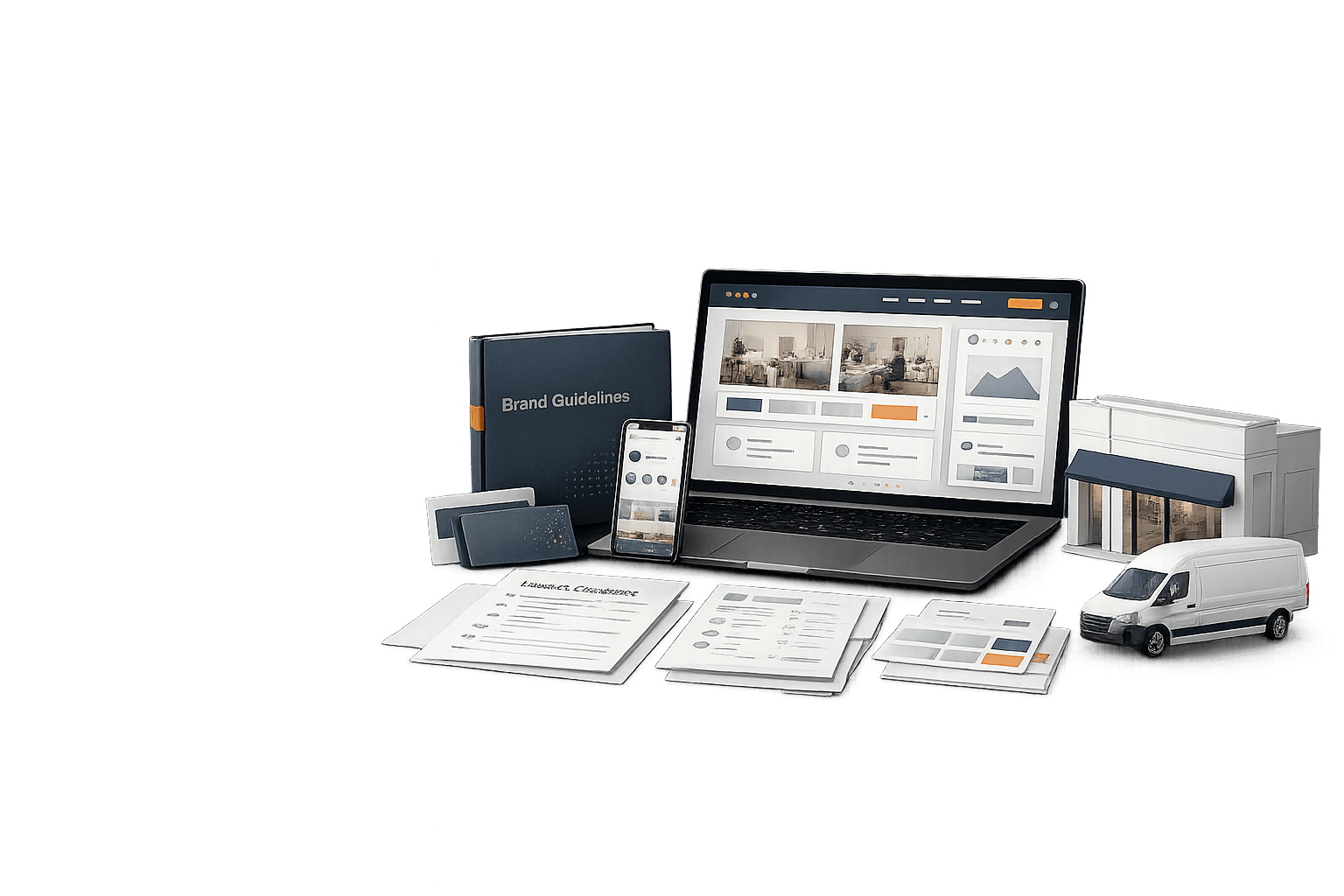 Assembled business kit with brand book, website preview and launch materials