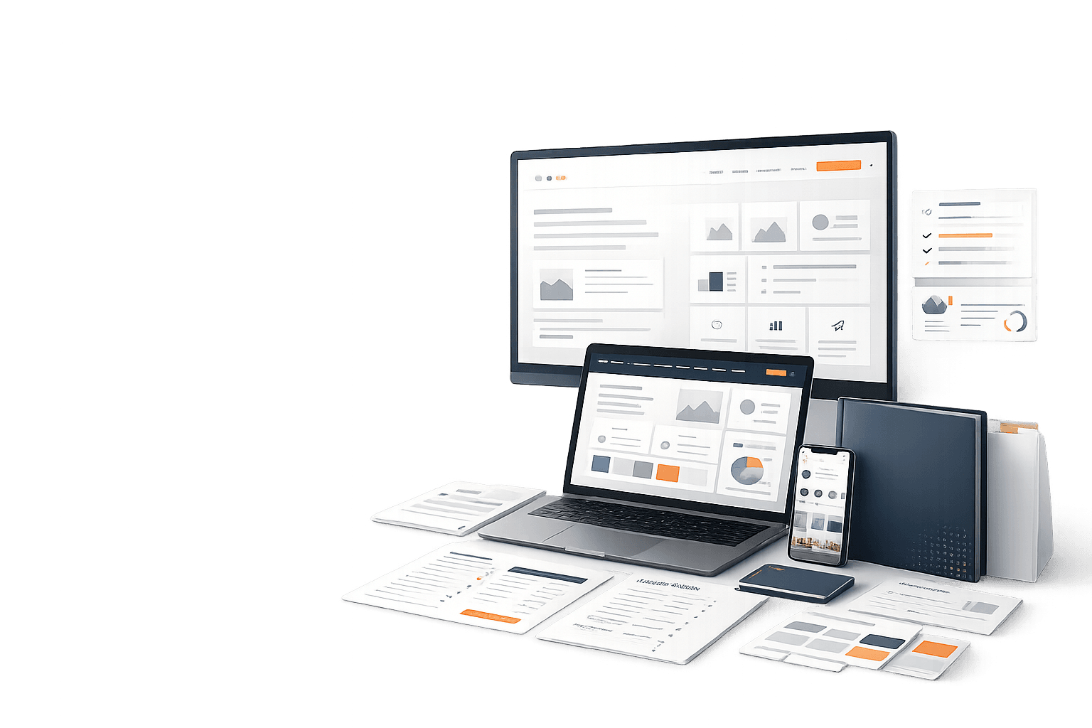Complete business launch package shown across desktop, laptop and mobile screens with printed brand materials