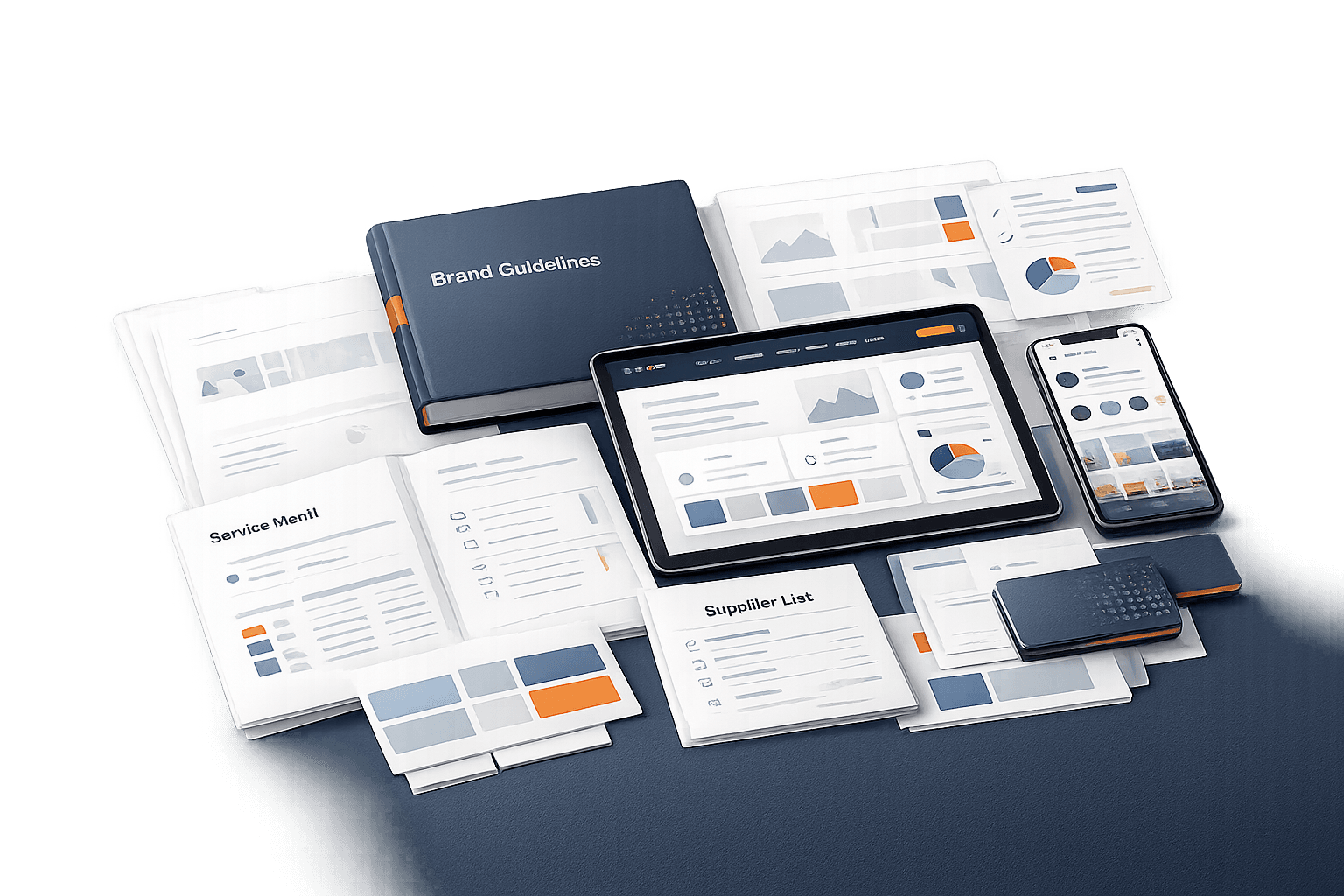 Flat lay of a complete brand package: logo sheets, business cards, brand guide, website preview and social media templates