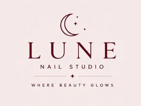 LUNE Nail Studio brand concept board - logo, colour palette and applied brand materials